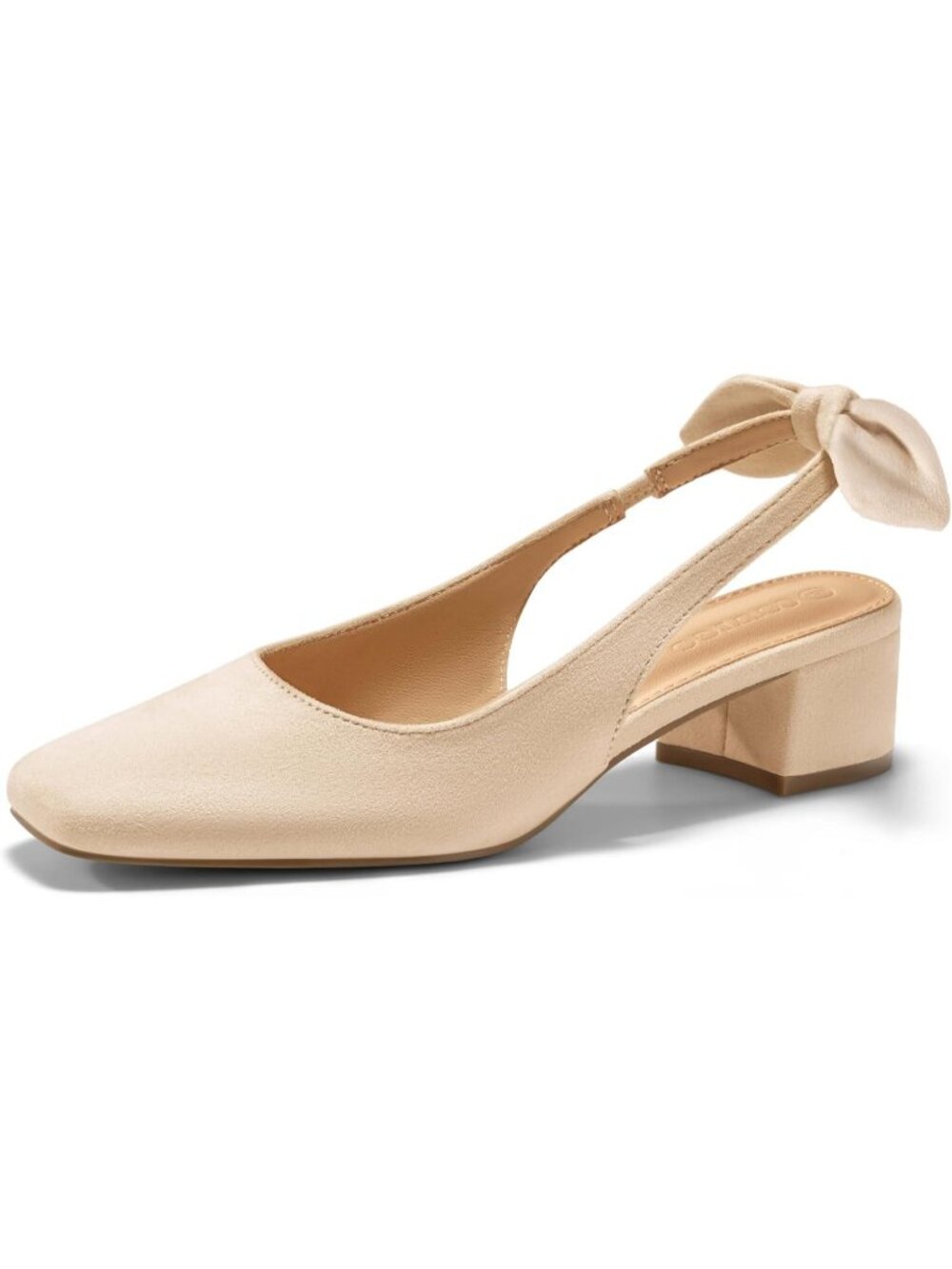 Women's Apricot Faux Suede Chunky Low Heels Bow Slingback Closed Square Toe Pump